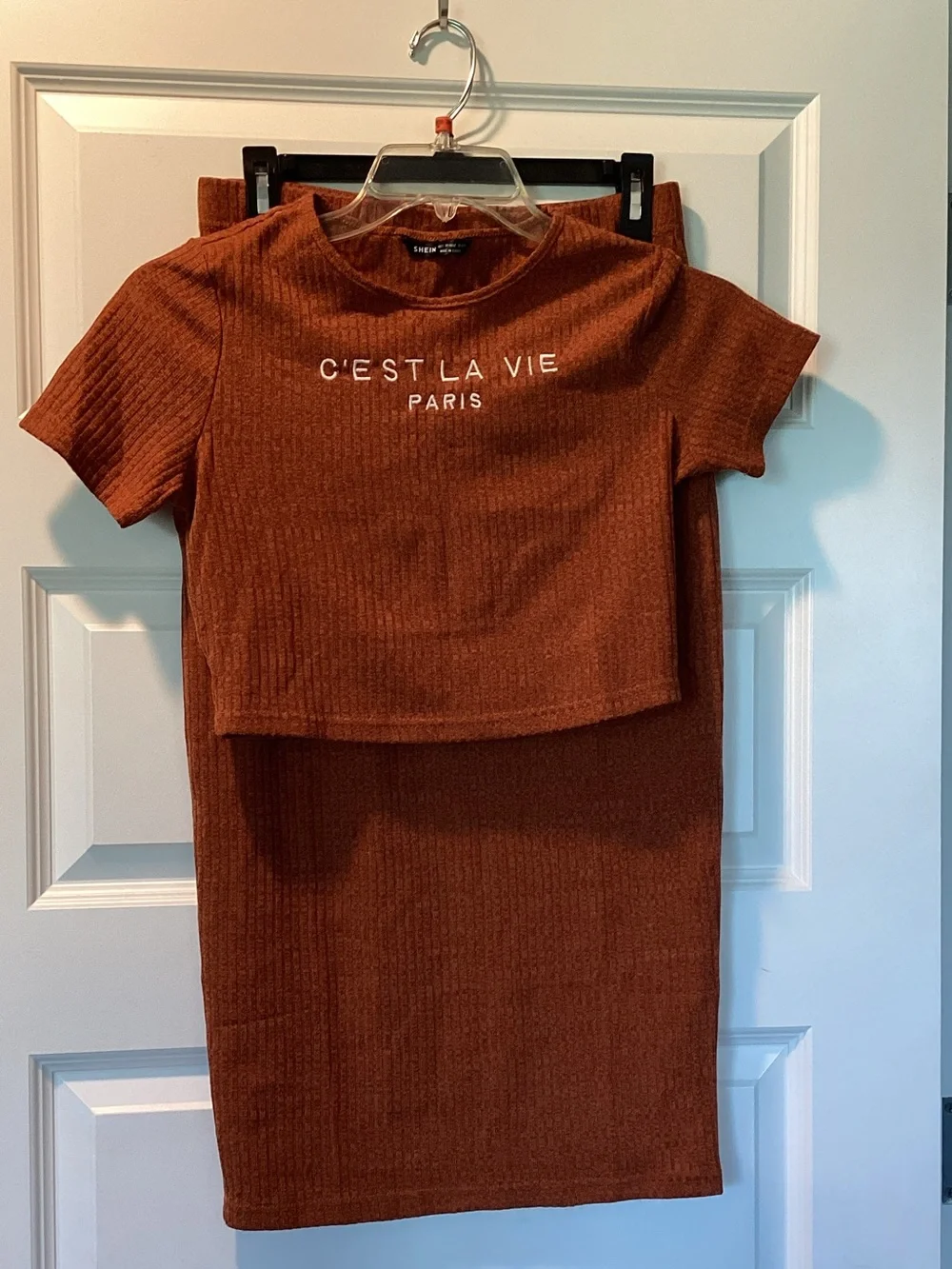 Rust Colored Ribbed Two-Piece Tee & Skirt Set - Picture 1 of 6